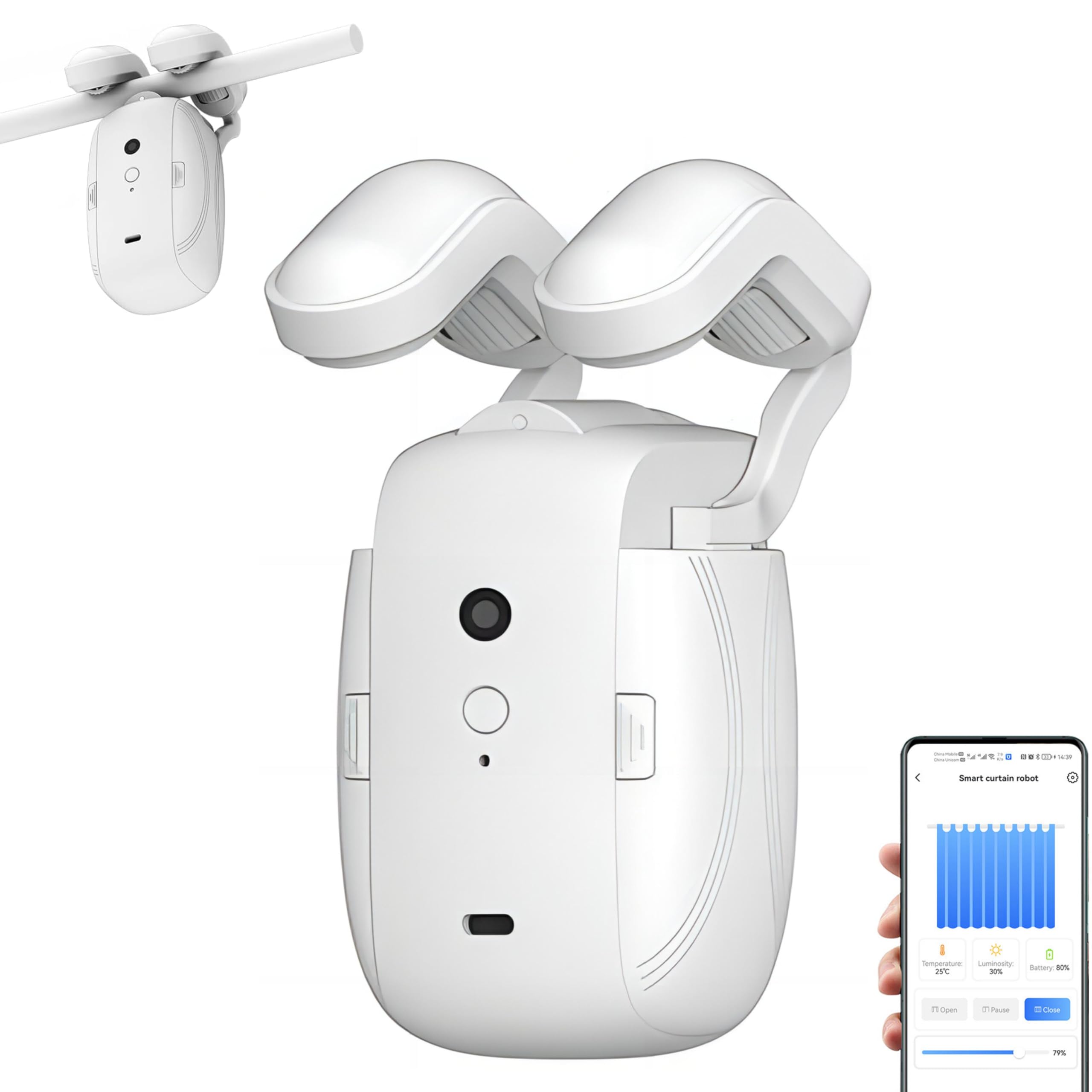 Photo 1 of Automatic Curtain Opener, Electronic Curtain Opener, Smart Curtain Opener with APP/Voice Control Only for Roman Rod Tracks, Compatible with Alexa Google Home Timer Light & Temperature Sensor