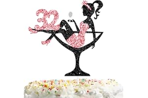 LISIMY Sitting Girl Cake Topper Picks for Girl Lady 32nd Birthday Makeup Spa Theme Party Decoration Supplies 32 Silhouette High Heeled Girl Cake Decor Rose Gold Glitter