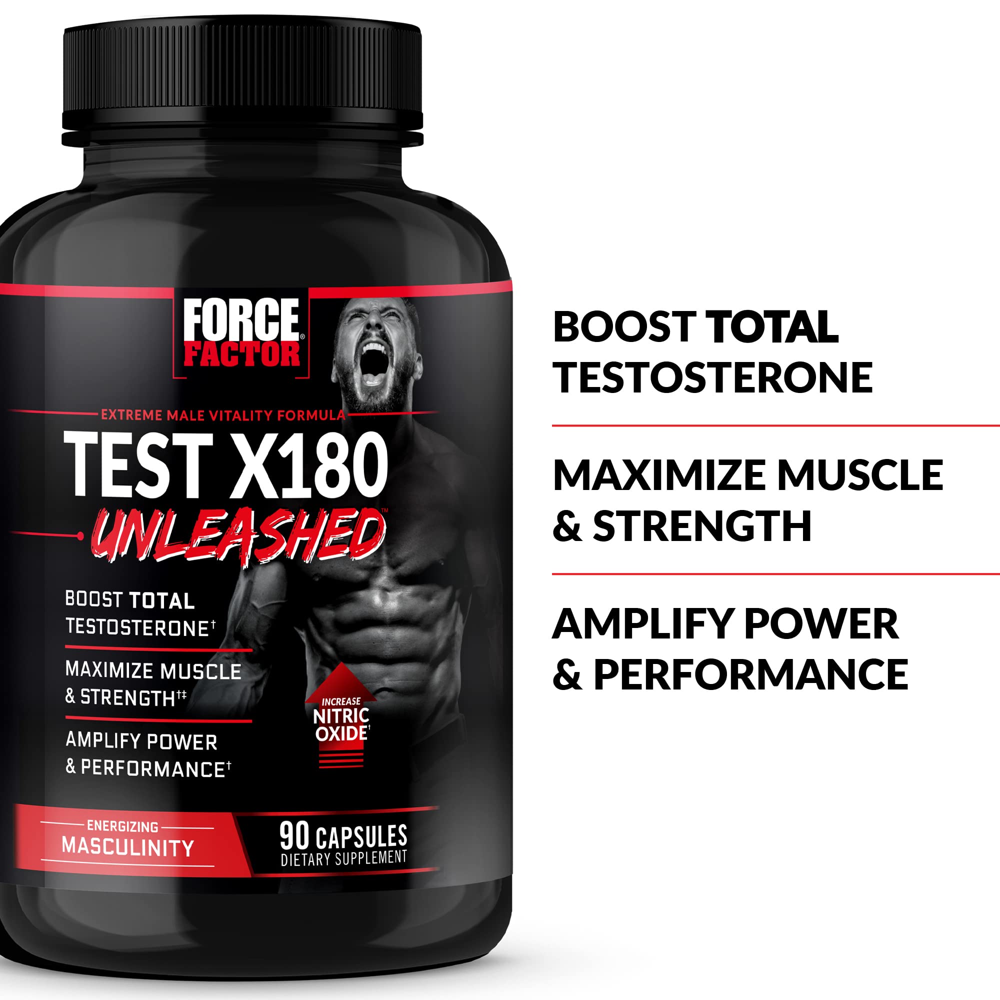 FORCE FACTOR Test X180 Unleashed Testosterone Booster for Men to Build Muscle, Increase Strength, and Improve Performance, Testosterone Supplement for Men’s Health, 90 Capsules