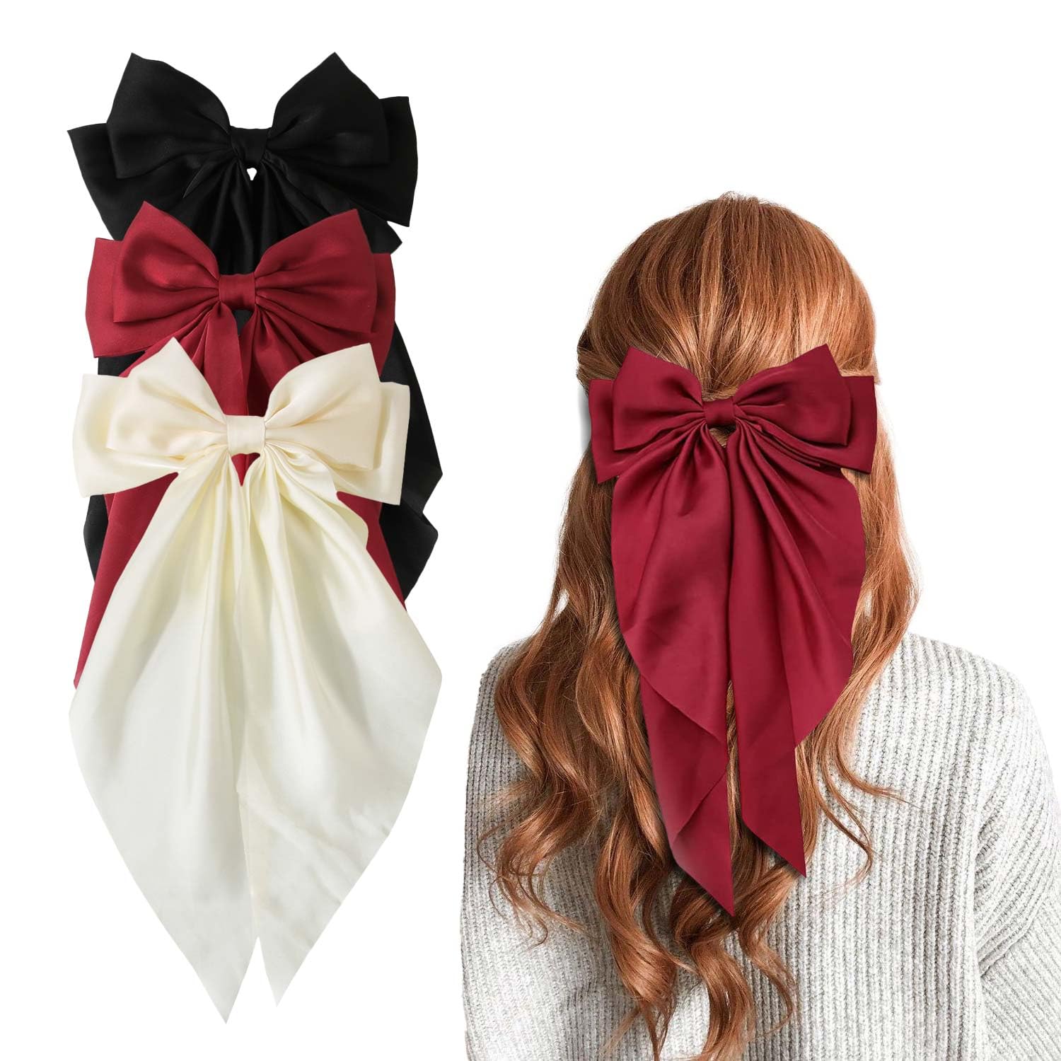 YUBBYSTU Bow Hair Clips, 3 PCS Large French Bows with Long Tail, Metal Clips in Off White, Black & Red