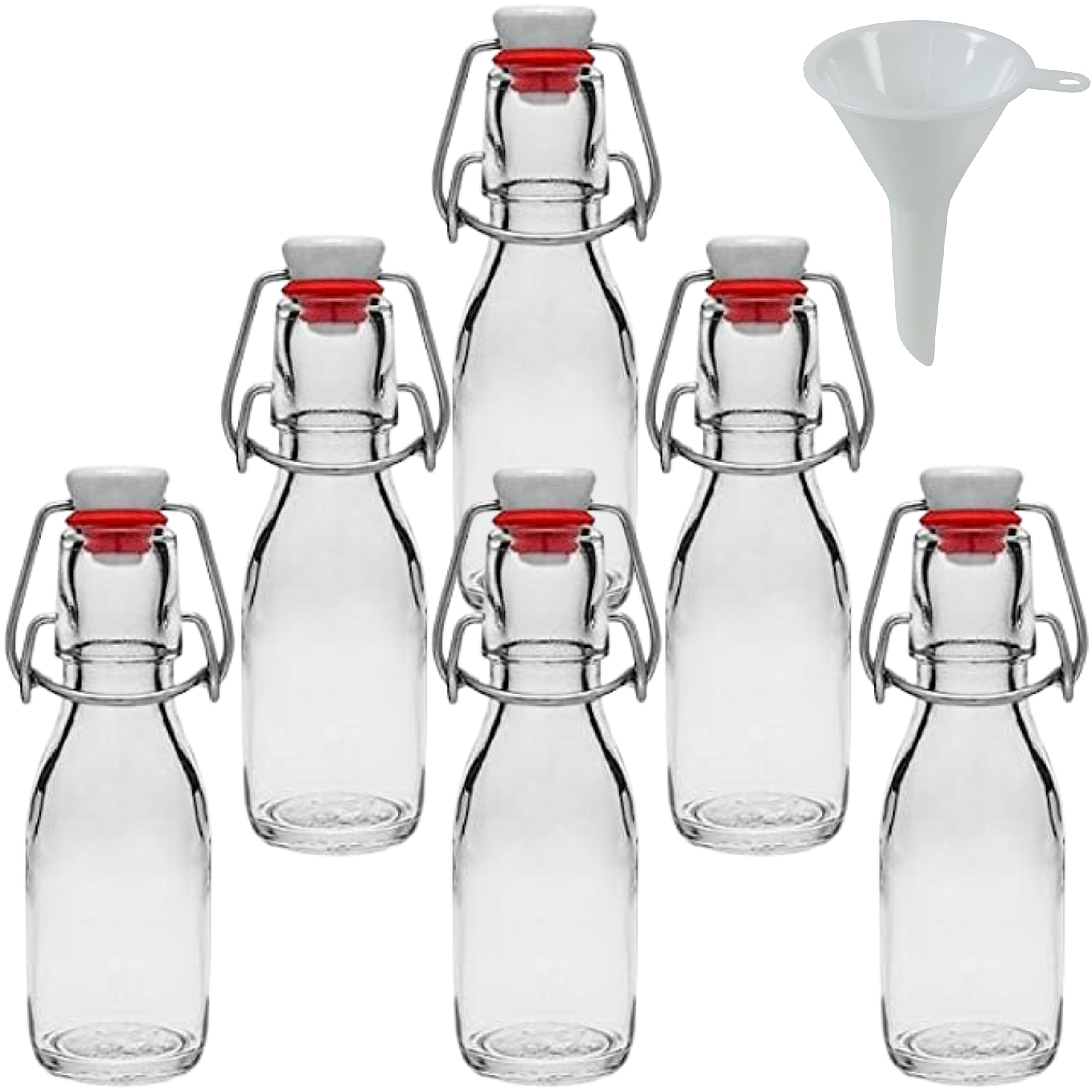 Viva Haushaltswaren Small Glass Bottles with Swing Top 100 ml x6 for Self-Filling Including a White Tap-Funnel Diameter 5 cm