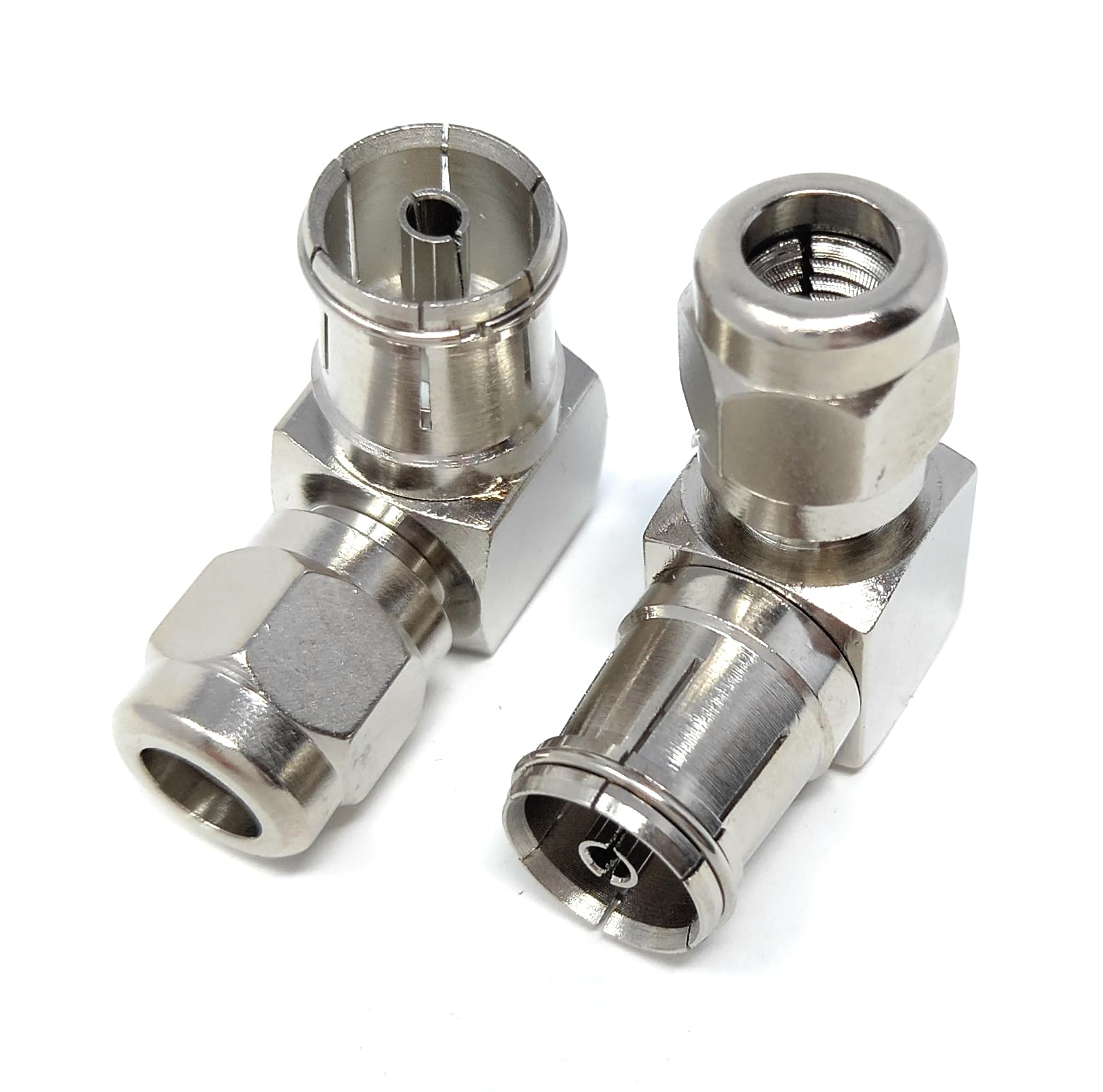 DRUT 2pcs TV RF Coax Right Angle Adapter With one end as a socket and the other end as a push-in with a screw designed for aerial cables (Silver)