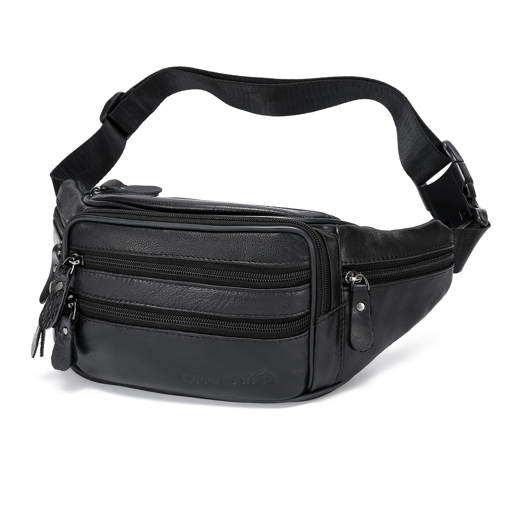 OrrinSports Black Leather Fanny Pack for Men & Women, Fashionable Multi-Pockets Waist Belt Bag for Travel Sports Hiking Cycling Fishing Running