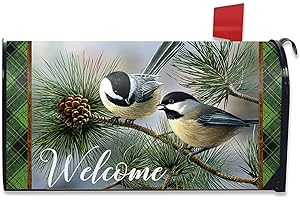 Auirre Fall Winter Welcome Mailbox Cover Magnetic Standard 21" x 18", Chickadee Bird Pine Cone Tree Decorative Buffalo Plaid Check Post Letter Box Wrap Christmas Farmhouse Rustic Decor for Garden Yard