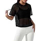 Remidoo Women Fishnet Mesh Workout Crop Top Short Sleeve Cropped Hoodie Athletic Gym Yoga Tops