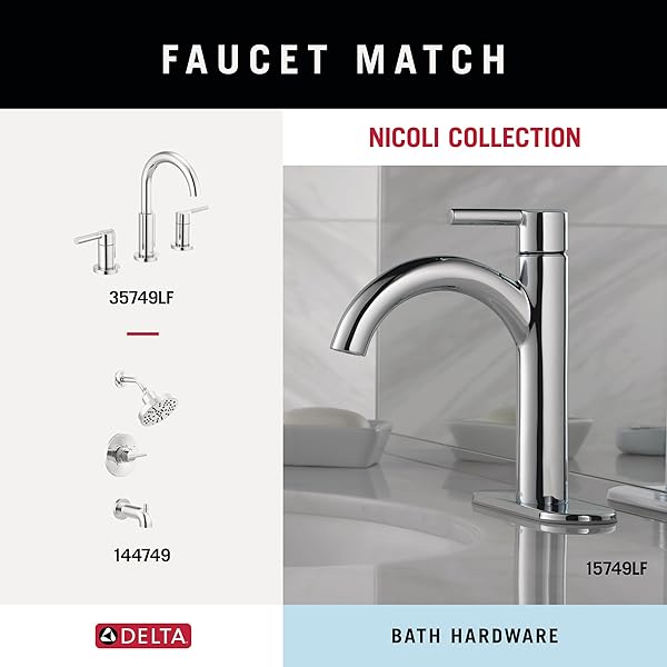 DELTA FAUCET NIC64-PC NICOLI 4-PIECE BATH HARDWARE SET 18 TO 24 IN. TOWEL BAR, TOILET PAPER HOLDER, TOWEL RING, TOWEL HOOK IN POLISHED CHROME