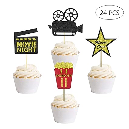 24 Pcs Hollywood Movie Theater Themed Cupcake Toppers Movie Night