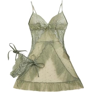 YISENJEE Lingerie Dress Women'S Polka Dot See-Through Mesh Sexy Nightgown With Lace Bow Suspenders Doll Dress