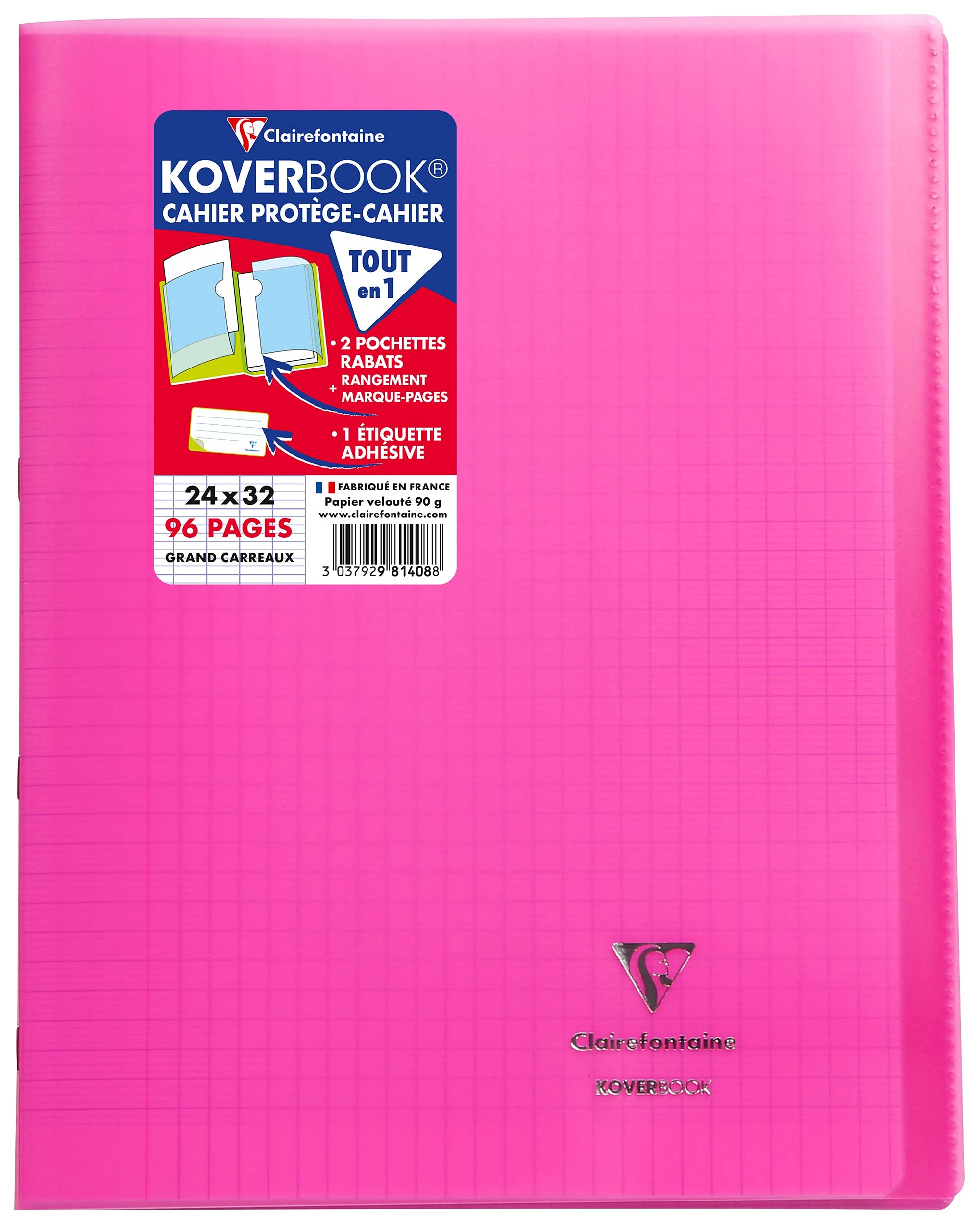 Clairefontaine 981408C - One Pink Koverbook Stapled Notebook - Dimensions: 24 cm x 32 cm - 96 Seyes Ruled Pages - 90 g White Vellum Paper - Polypro Cover