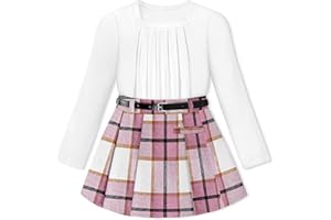 KANGKANG Girls Clothes Square Neck Long-sleeved Top + Plaid Skirt with Lining Pants + Belt 2 Piece Set Girls Fall Winter Outfits