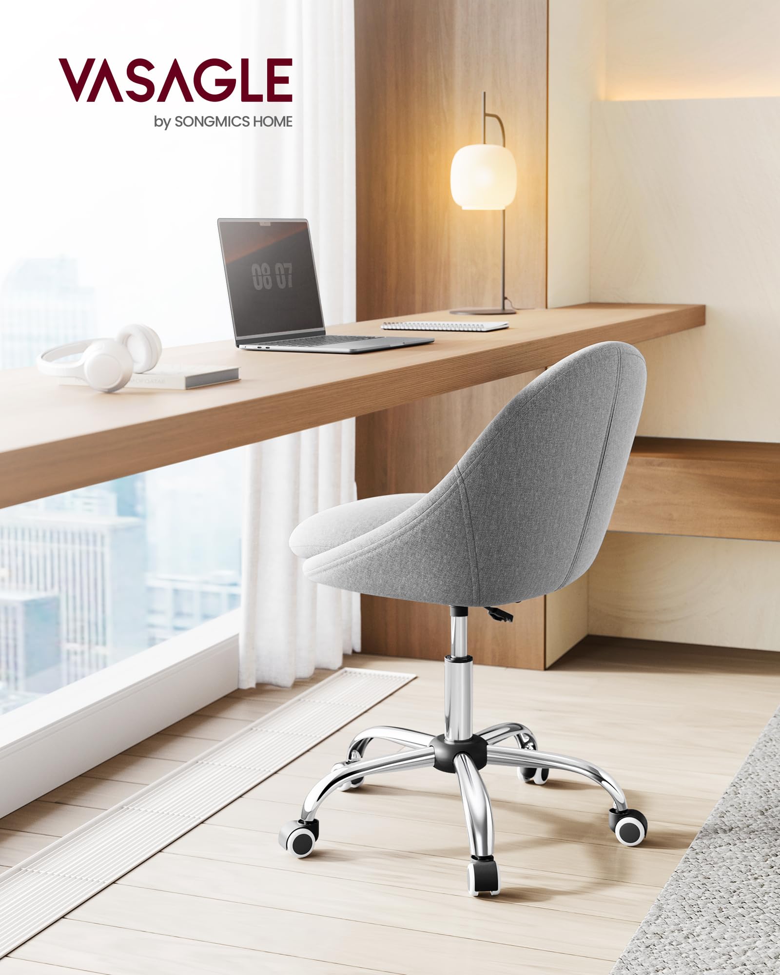 VASAGLE Office Chair, Vanity Chair, Desk Chair, Cotton-Linen Fabric, Foam Padding, Adjustable Height, for Home Office, Study, Bedroom, Dove Gray UOBG020G91