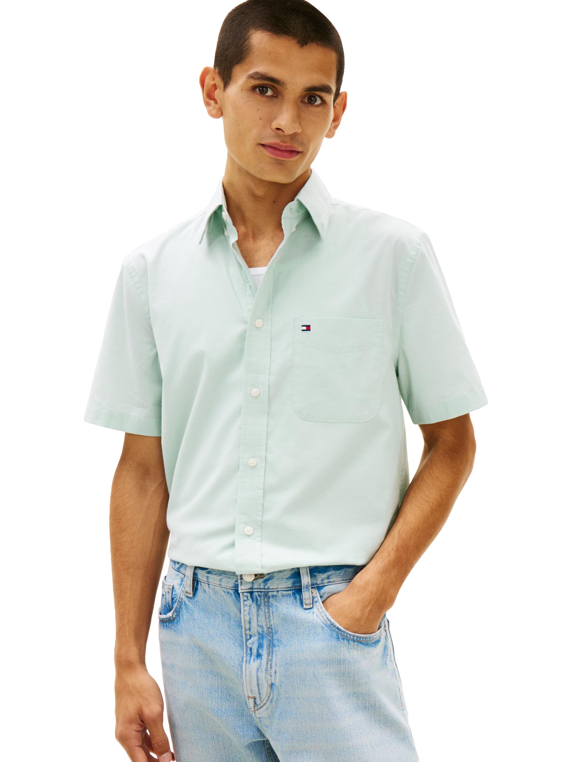 Tommy Hilfiger Men’s Short Sleeve Oxford Shirts in Regular Fit, Men’s Button Down Shirts Crushed Mint X-Small