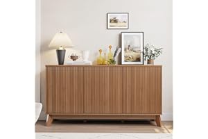 Garvee Sideboard Buffet Cabinet, 58 Inch Fluted Credenza Coffee Bar Storage Cabinet with 3 Doors & Adjustable Shelves for Din