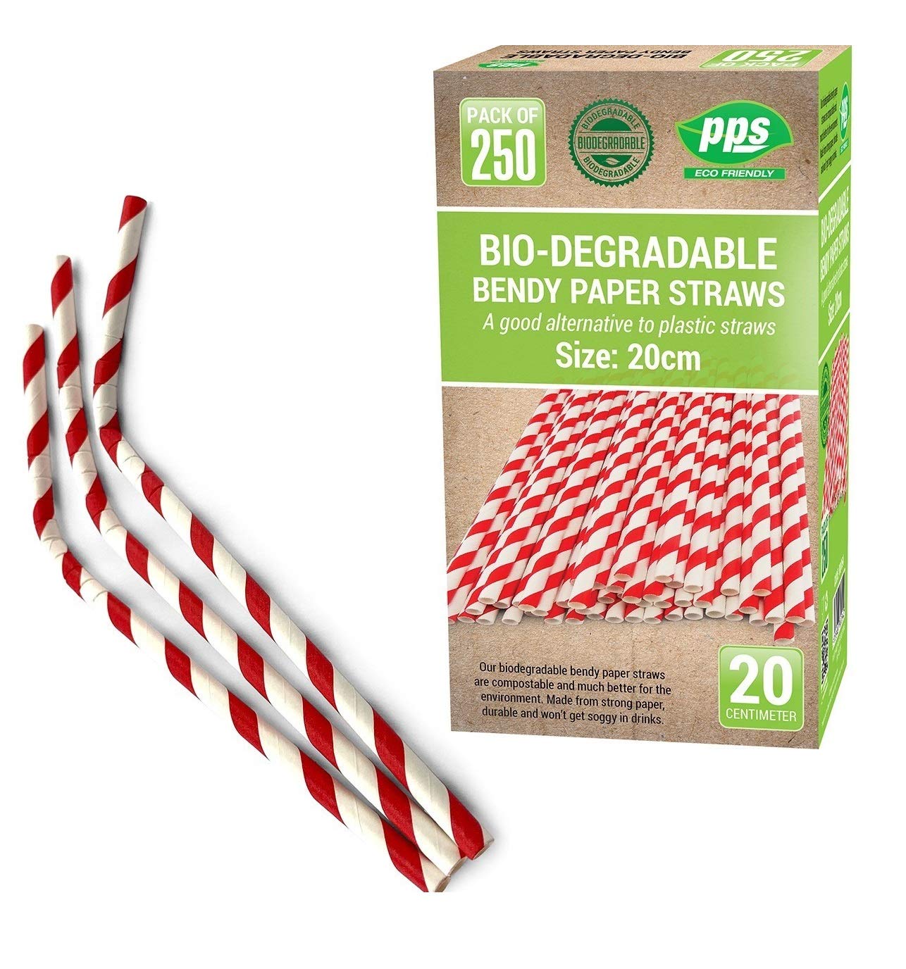 250 x Bendy Red and White Stripe Paper Drinking Straws Biodegradable Eco 8" (20cm) approx