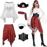 NFAUEIK Pirate Costume Women Renaissance Shirt Dress with Head Scarf Halloween Pirate Queen Outfit