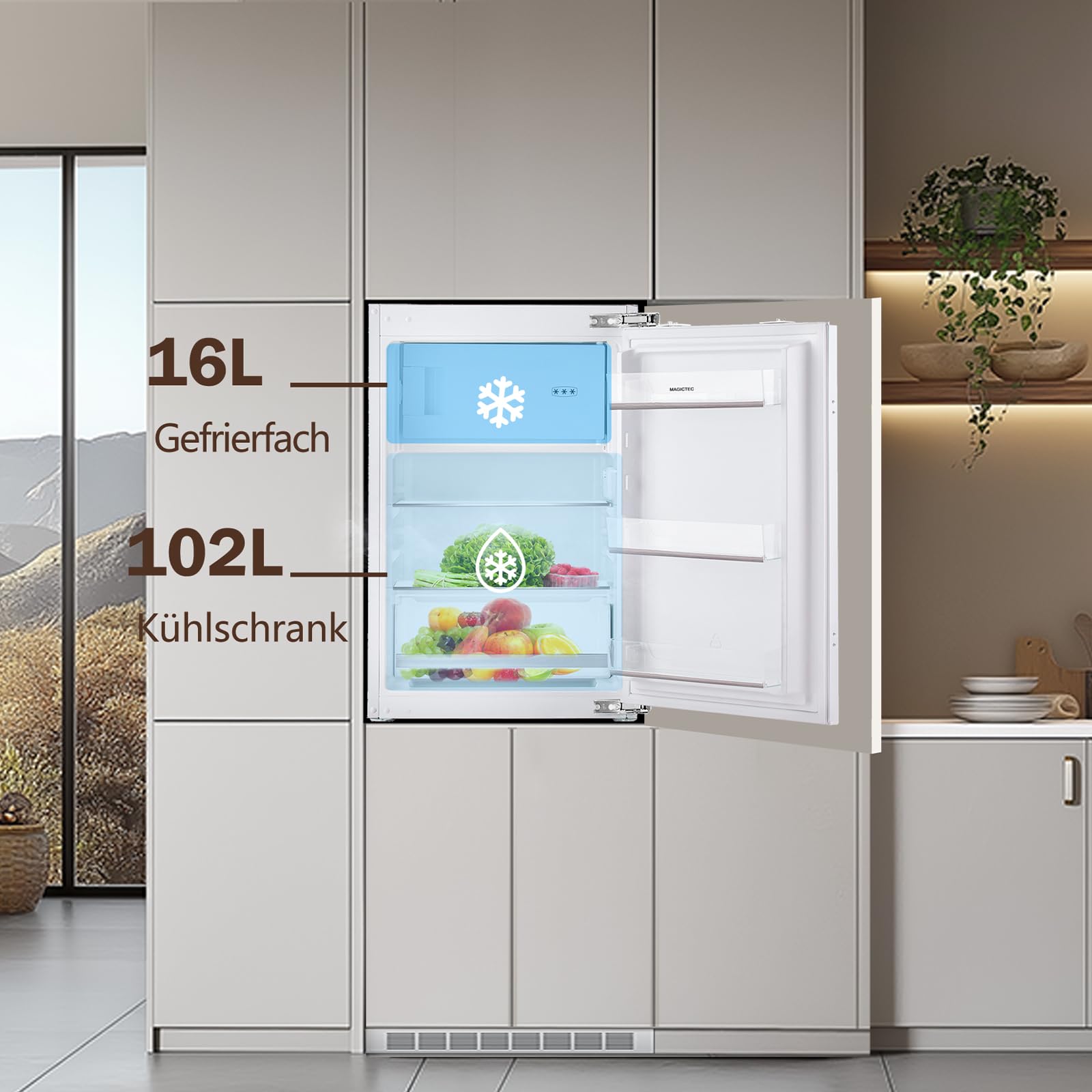 Einbaukühlschrank mit gefrierfach 88cm Einbau kühlschrank 118 L | ( 16L Gefrierfach + 102L Kühlschrank ) | Energieeffizient | Leise | 2 hat,1 schubladen | Einfach zu reinigen | Wechselbaren Türsc 2