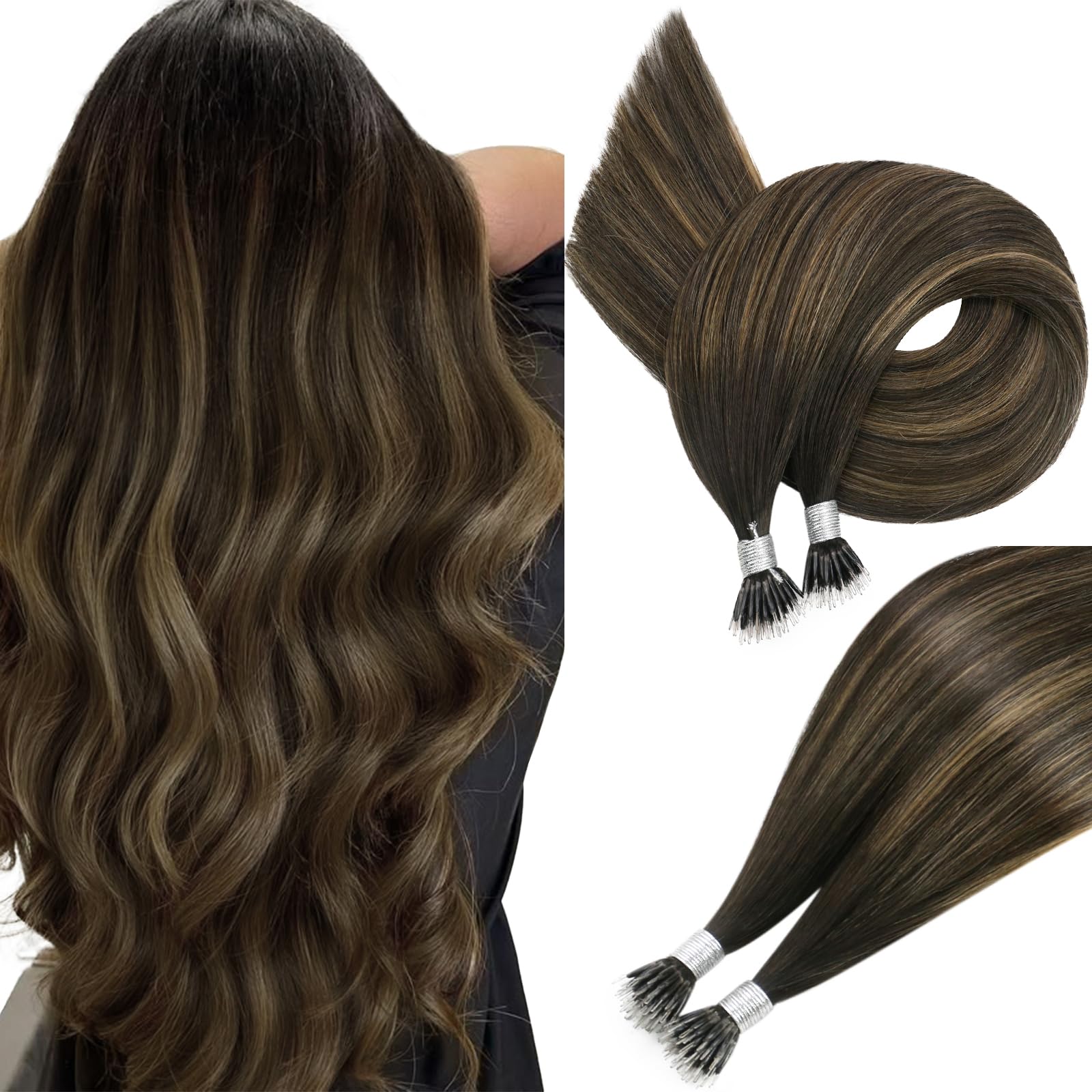 Easyouth Nano Hair Extensions Brown Nano Beads Hair Extension Human Hair Balayage Darkest Brown Mixed Light Brown Nanoring Hair Extensions Real Human Hair Smooth Texture 18Inch 1g/s 50g #2/8/2 — image 1