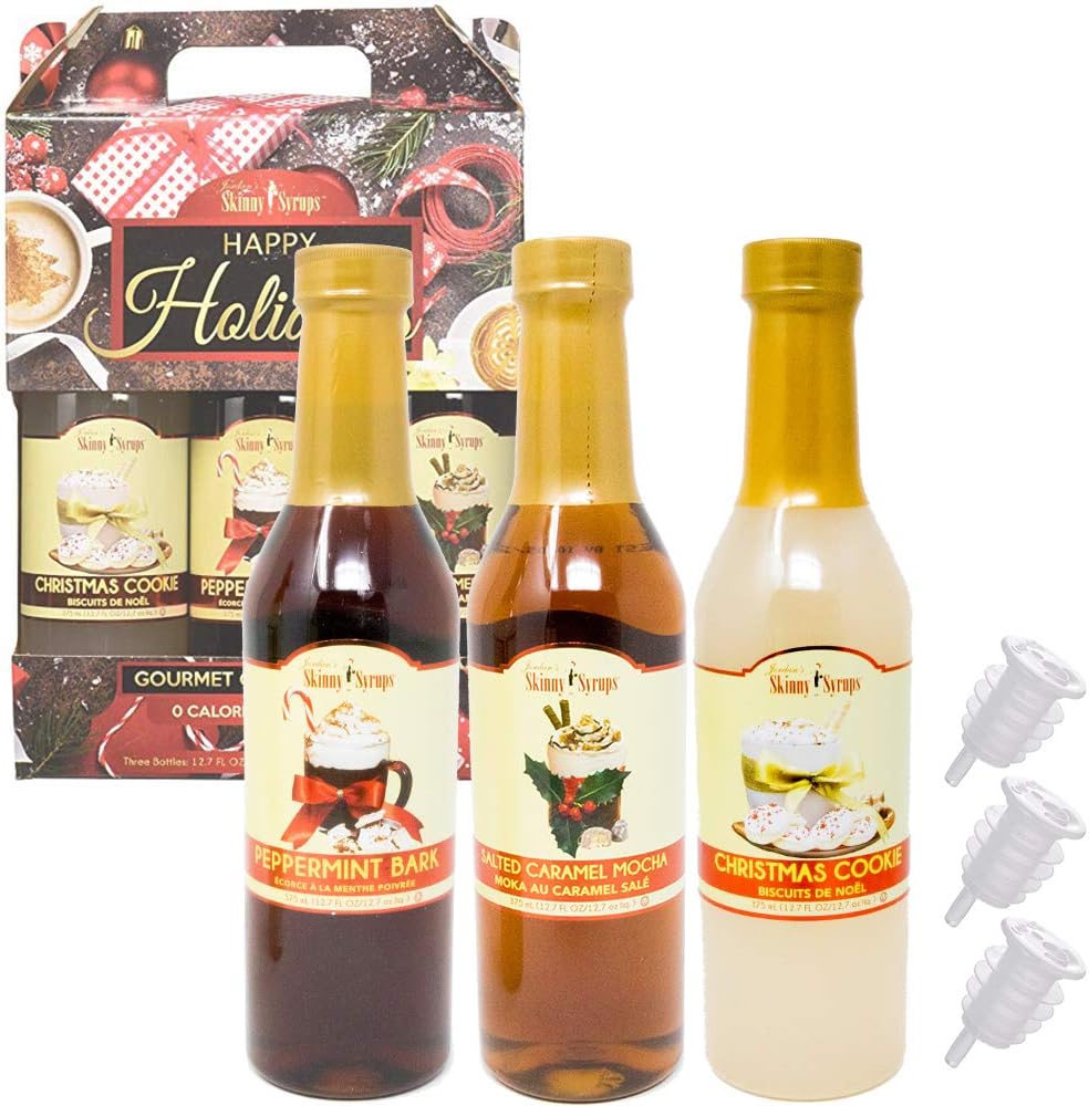 Jordan's Skinny Syrups Holiday Gourmet Coffee Syrups Collection Gift Set | Peppermint Back, Christmas Cookie and Salted Caramel Mocha | 3 Free Bottle Pourer | 0 Calories & 0 Sugar (Holiday)
