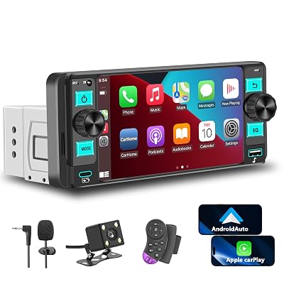 Single Din Radio Car Stereo with Wireless Apple CarPlay,Single Din Touchscreen Radio,Car Radio Bluetooth Support Android Auto,Mirror Link,Car Radio with Backup Camera GPS USB FM/AM EQ MIC (Black)