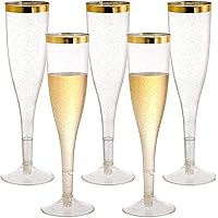 Hedume 50 Pack 6.5 Oz Disposable Plastic Champagne Flutes with Gold Glitter and Gold Rim, 2-Piece Disposable Champagne Glasse