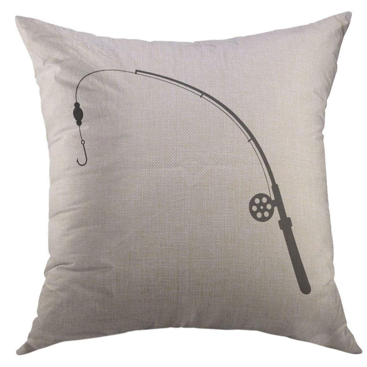 Mugod Decorative Throw Pillow Cover for Couch Sofa,Black Fishing Rod Silhouette of Relaxation Tourism Ocean Spinnerbait Spoon Bait Hunting White Flat Trend Home Decor Pillow case 18x18 Inch