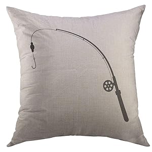 Mugod Decorative Throw Pillow Cover for Couch Sofa,Black Fishing Rod Silhouette of Relaxation Tourism Ocean Spinnerbait Spoon Bait Hunting White Flat Trend Home Decor Pillow case 18x18 Inch