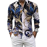 SweatyRocks Men's Retro Floral Print Dress Shirt Long Sleeve Collar Button Down Shirts