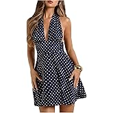 MakeMeChic Women's Polka Dots Halter Dress Tie Backless Ruched Sleeveless Mini Dresses