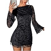 SOLY HUX Women's Floral Sexy Mesh Mini Dress Bell Long Sleeve Bodycon Going Out Dresses