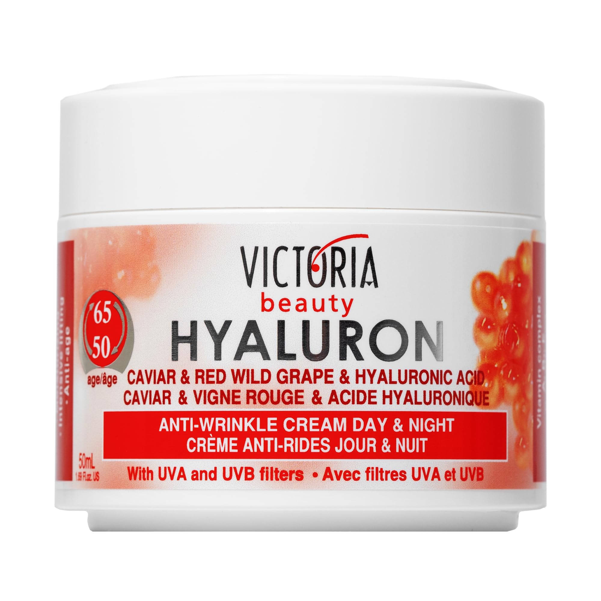 Victoria Beauty Hyaluron, Retinol, Caviar and Red-Grape Anti-Wrinkle Lifting Day and Night Cream - Anti-Aging Face Moisturizer with Hyaluronic Acid fo Ages 50 to 65+