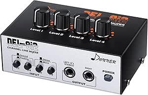 Line Mixer 4 Channel, Donner Low-Noise Mini Audio Mixer DC 12V with AC adapter &amp; Stereo/Mono Adjustment, As Microphones, Guitars, Keyboards or Stage Sub Mixer, Ideal for Small Clubs or Bars