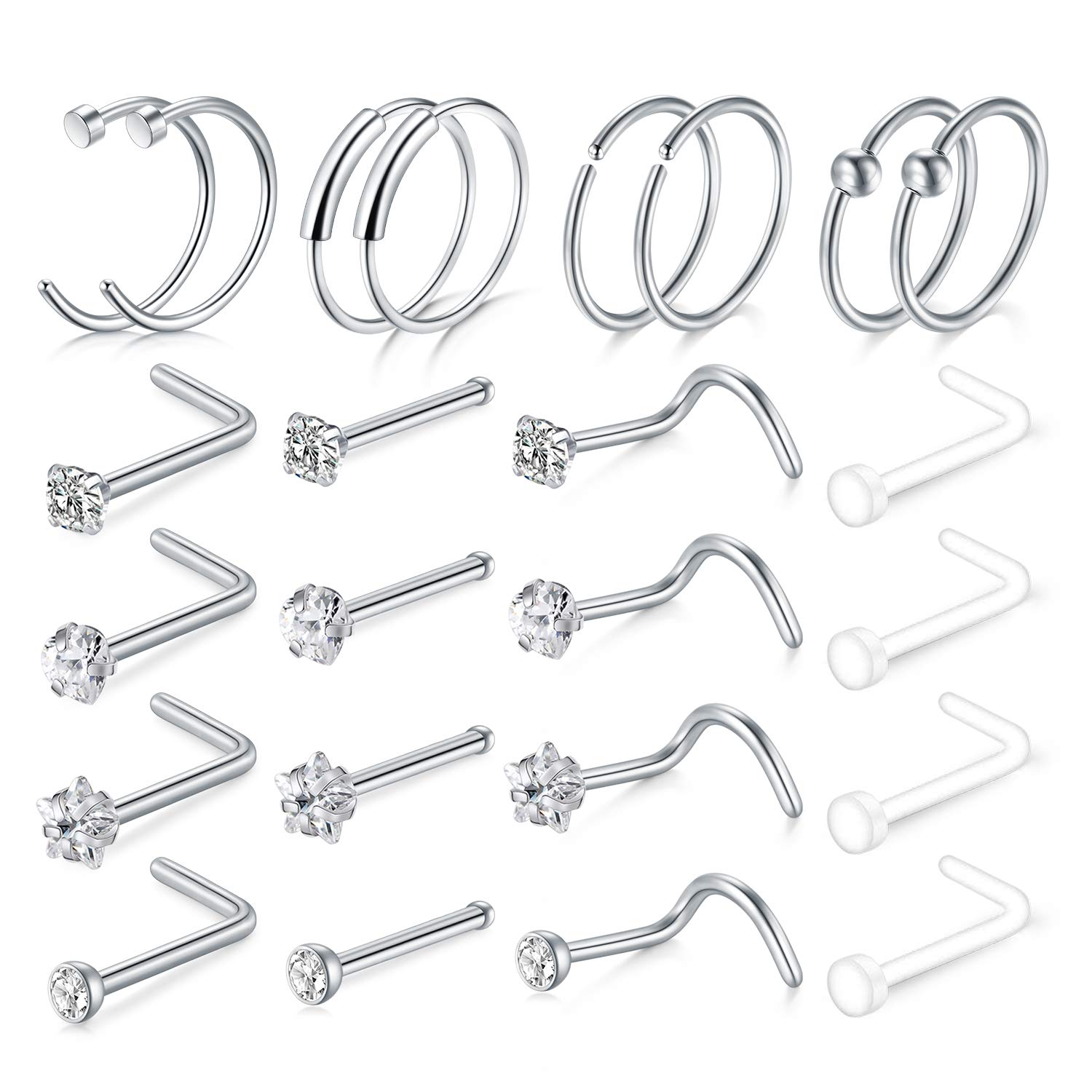 AceFun Coloured Nose Piercings Nose Rings 24PCS 20G 316L Surgical Stainless Steel Body Jewelry Piercing Nose Ring Studs Silver