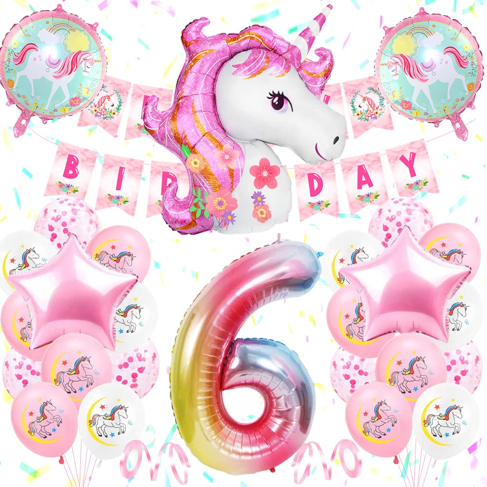 6th Birthday Party Decoration Girls, Unicorn Birthday Decoration Set Pink, Large Number 6 Foil Balloon,Pink White Latex Balloons,6 Unicorn Party Supplies for Baby Girls Birthday Celebration