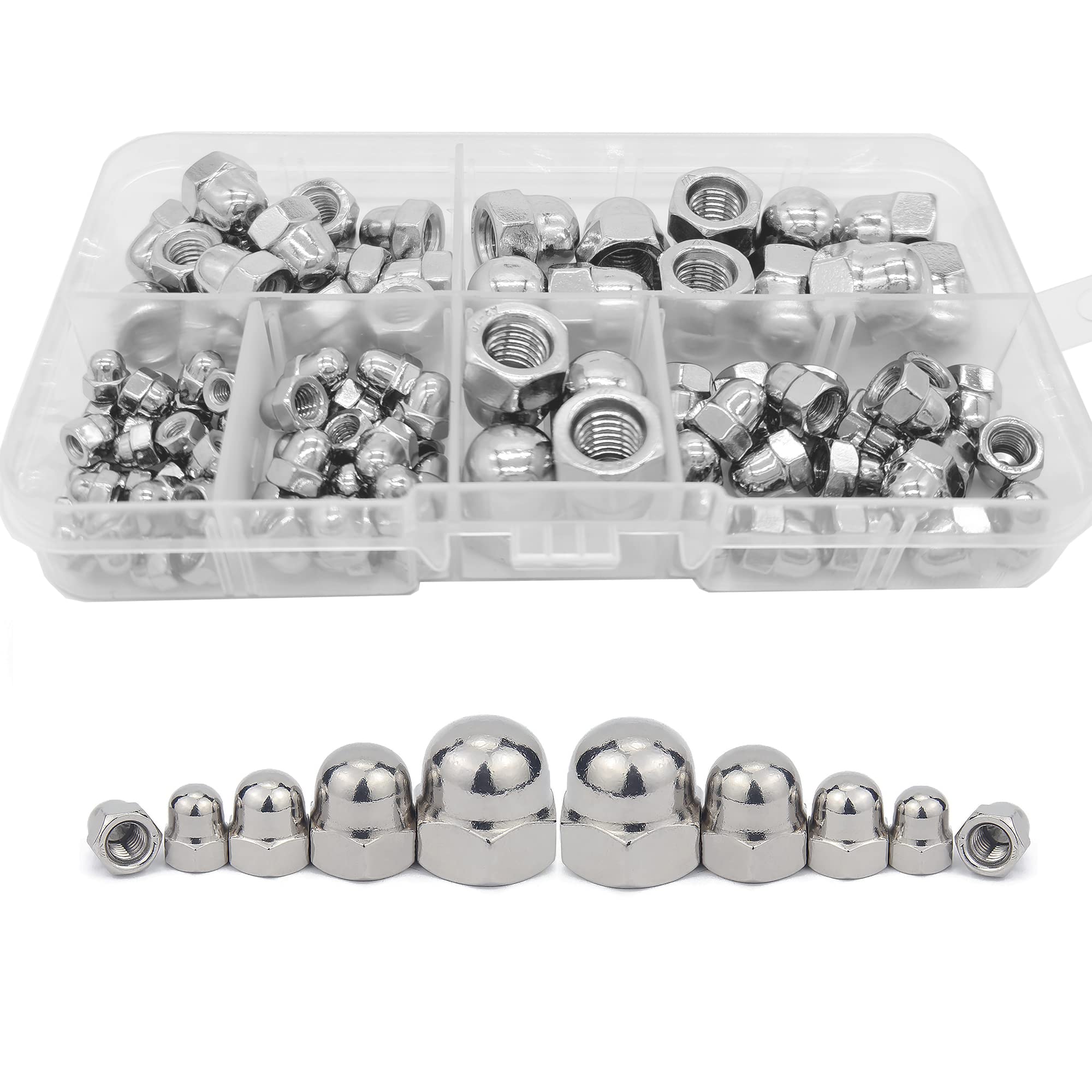 WeqeYent 100 Pcs Stainless Steel Acorn Dome Head Hex Nuts,Head Cap Nut M8 M6 M5 M4 M3 Dome Hex Cap Nuts,Hexagon Acorn Nuts, Nuts Assortment Kit,Round Fastening Domed Cap(Silver)