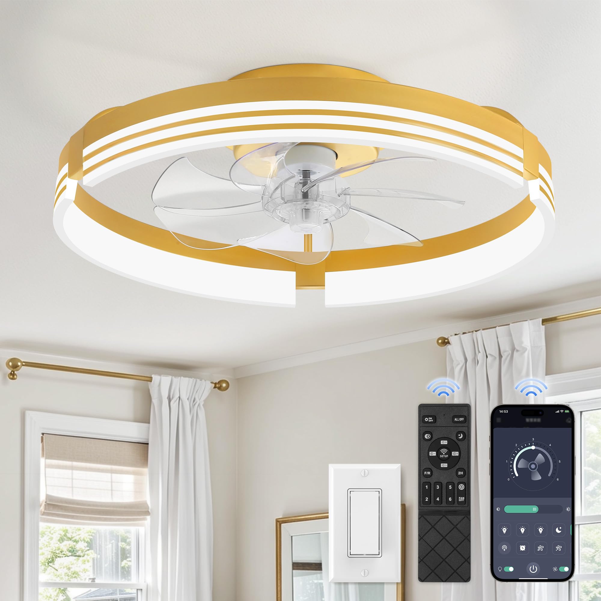 Photo 1 of ZMISHIBO Low Profile Ceiling Fans with Lights and Remote, 20 Inch Flush Mount Ceiling Fan with Light, 3000K-6000K Dimmable Fandelier LED Fan Light, 6 Wind Speeds Gold Ceiling Fans for Bedroom