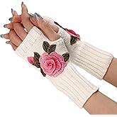 DUNKOING Fingerless Gloves Knitted Flower Winter Glove Half Finger Warm Mittens for Womens Girls Ladies Handmade Embroidery