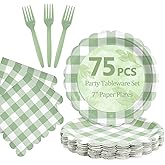 Mulbozy 75 Sage Green Gingham Plates and Napkins Disposable Set Includes Dessert Cake Scalloped Plates, Cocktail Napkins, Forks for for Holiday Party Supplies
