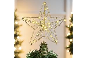 ENIOEM Christmas Tree Topper Star 12 Inch Gold Glitter Hollow Star Tree Topper Metal with Warm White 30 LED Lights for Xmas Decorations Ornaments Indoor Decor Holiday Party