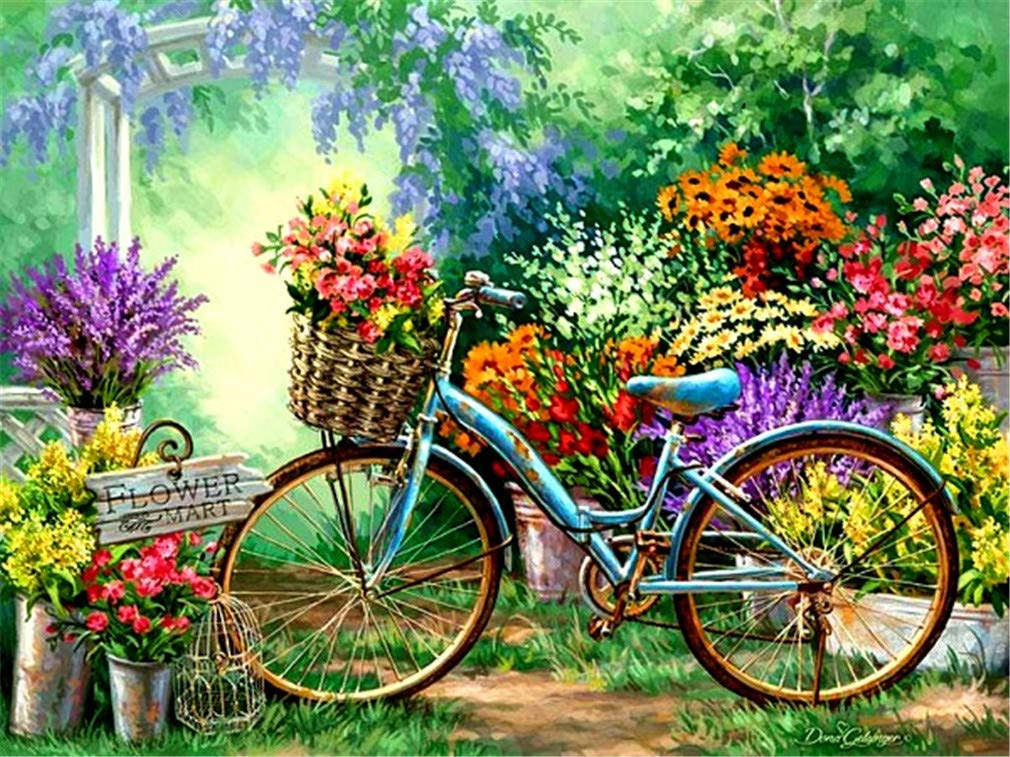 YEESAM ART Paint by Numbers for Adults Beginners Flowers Bicycle 16x20 inch Linen Canvas Acrylic DIY Number Painting Kits Wall Art Decor Gifts