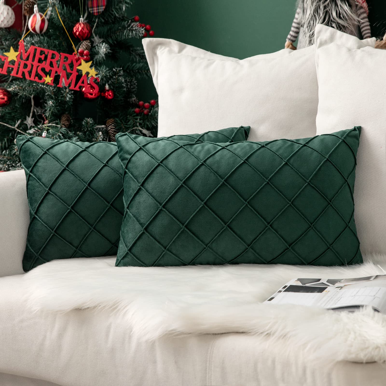MIULEE Christmas Velvet Cushion Covers Home Decoration with Square Pattern Throw Pillow Covers Super Soft Modern Smooth Washable Pillowcase for Bedroom Sofa 2 Pieces 30x50cm 12x20 Inch Dark Green — image 1
