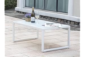 Green4ever Patio Furniture Coffee Table, All-Weather Outdoor Aluminum Rectangle Coffee Table with Tempered Glass Table Top, White
