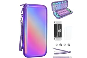 belle&birdie Nintendo Switch Accessories-Hard Protective Carry Case for Switch OLED witch 10 Game Card Slot,Soft TPU Cover, Screen Protector,Adjustable Strap,Thumb Grip Caps (Laser Purple)