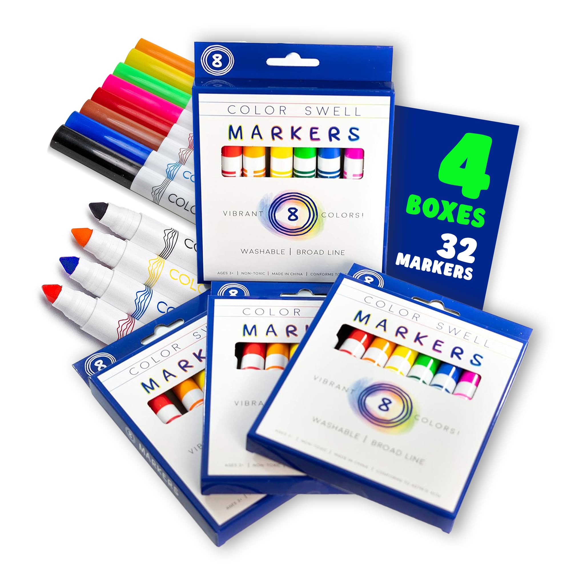 Color Swell Washable Markers Bulk Pack 4 Sets 8 Count Vibrant Colours 32 Total Perfect Bulk Pack for Teachers, Kids and Classrooms