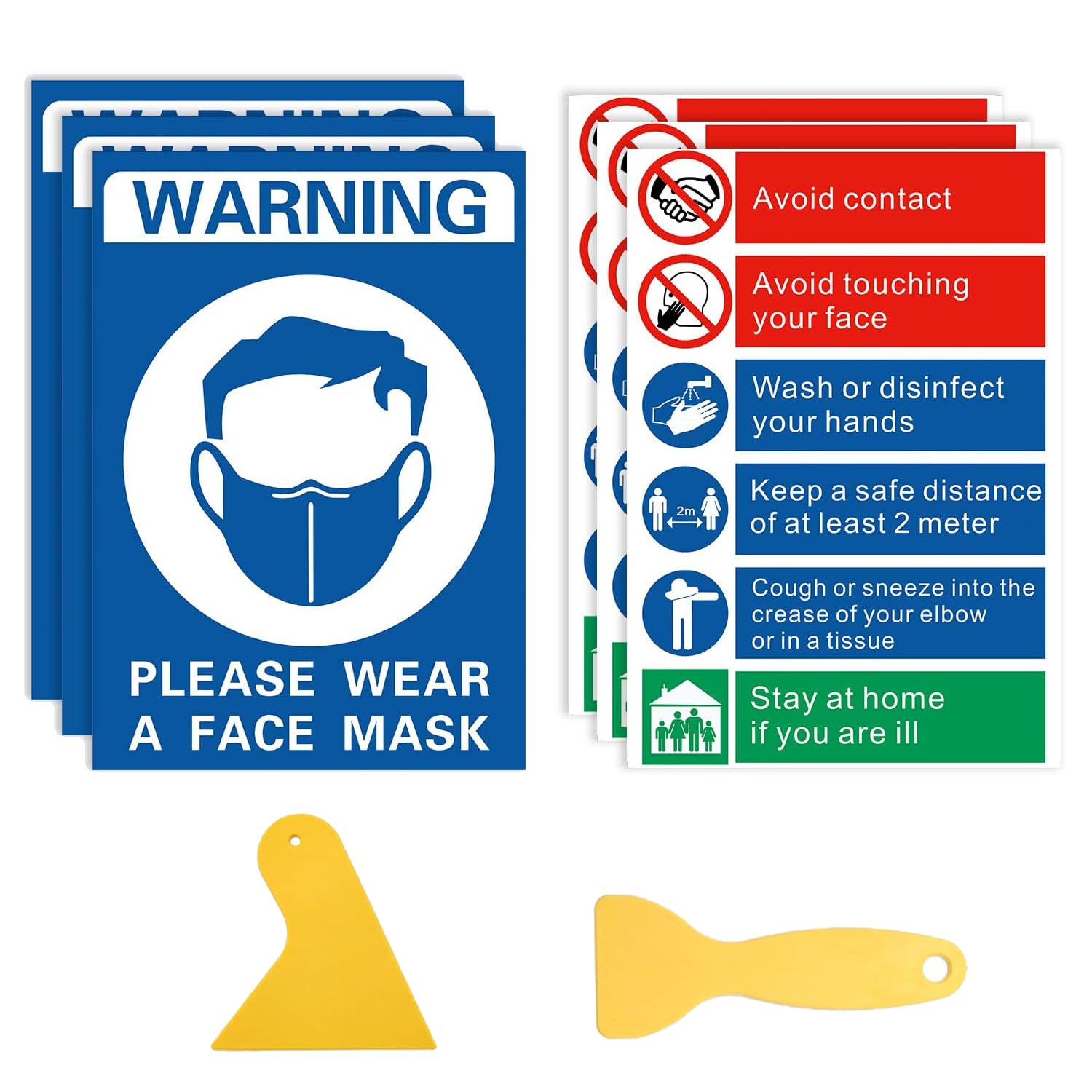6 Pack Safety Sign,Safety Attention Self Adhesive Sticker - "PLEASE WEAR A FACE MASK",Social distancing sign,Wash Hands,Avoid Touching Surfaces, Office, Business, Warning Door notice,297mm X 210mm