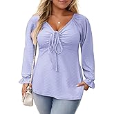 VISLILY Womens-Plus-Size-Tops Dressy V Neck Puff Ruffle Sleeve T Shirts Trendy Eyelet Blouses Casual Drawstring Loose Tunics