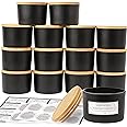 CONNOO 15 Pack 4 OZ Matte Black Glass Candle Jars with Airtight Bamboo Lids for Making Candles, Bulk Small Wide Mouth Empty Candle Containers with Sticky Warning Labels - Dishwasher Safe