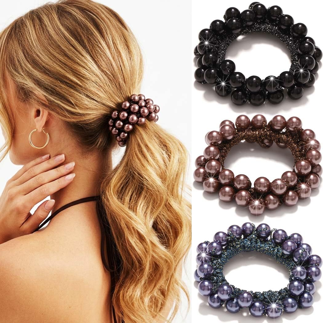 Reaky Beaded Hair Tie Pearl Ponytail Holders Fancy Hair Scrunchies Hair Accessories for Women (Black)