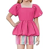 Arshiner Girls 2 Piece Outfits Summer Clothes Square Neck Puffed Sleeve Bubble Hem Tops Shirt and Casual Short Set