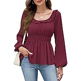 Womens Puff Long Sleeve Babydoll Tops Square Neck Ruffle Peplum Blouse Smocked Loose Fit Tunic Top Dressy Tee Shirts