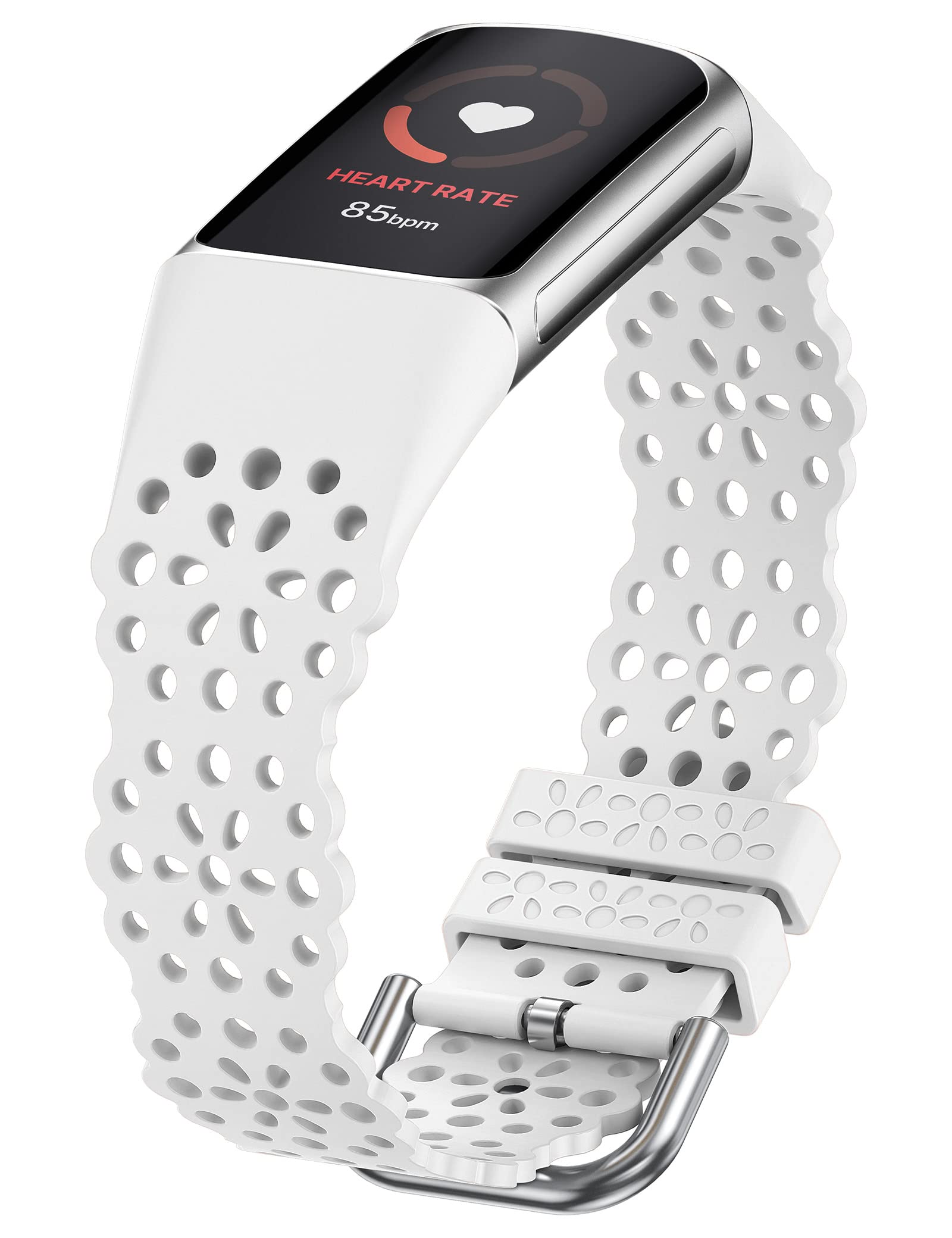 TOYOUTHS Lace Silicone Compatible with Fitbit Charge 5 Strap/Charge 6 Strap, Women Slim Cute Hollow-Out Sport Replacement Strap, Breathable Waterproof Soft Wristband for Charge 6/5, White